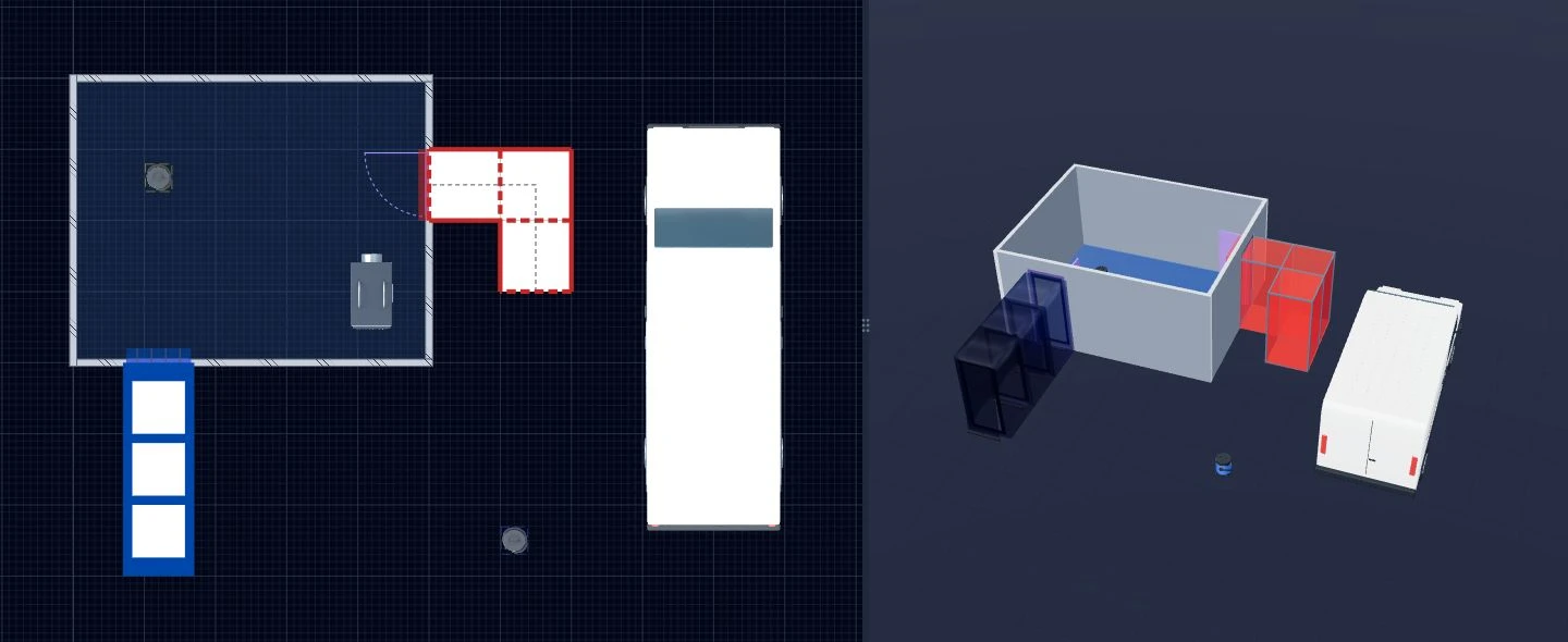 Example enclosure in the current editor: matching 2D and 3D views with airlock, dogleg baglock and panel van