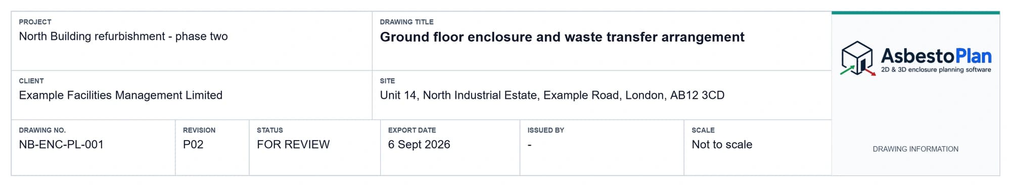 Current export title block showing fictional project details, drawing number, revision, status and scale
